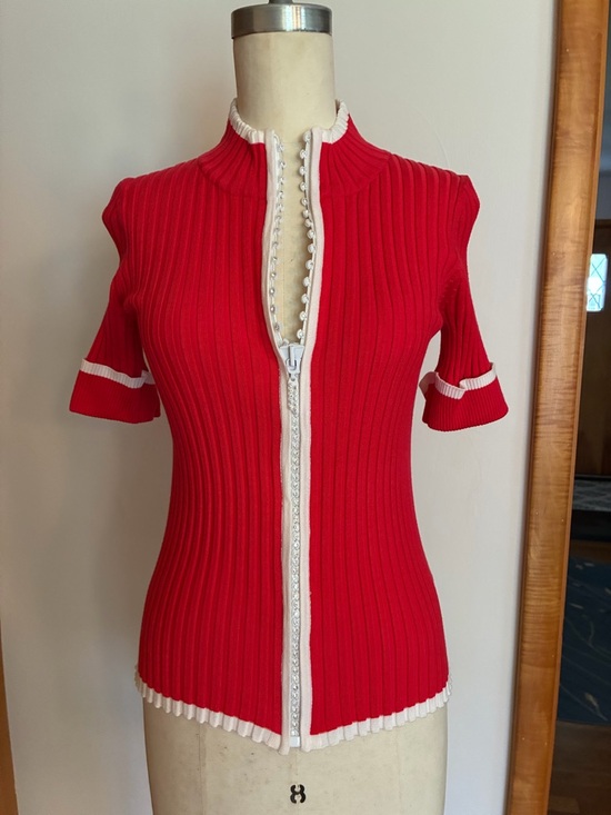 Belldini Sweaters - Belldini Coral Knit Cardigan Rhinestone Embellished Zipper White Trim Red Pink